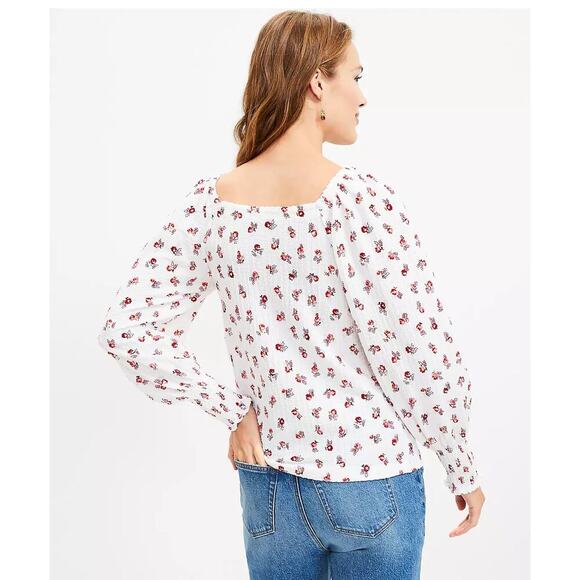 Loft Floral Puff Long Sleeve Square Neck Smocked Cuffs Romantic Blouse Small - Picture 2 of 6